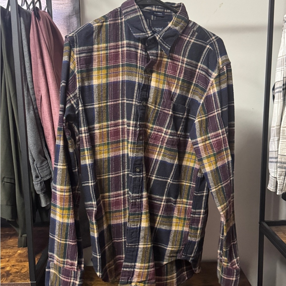 J. Crew Men's Casual Plaid Shirt - Navy, Yellow, Burgundy